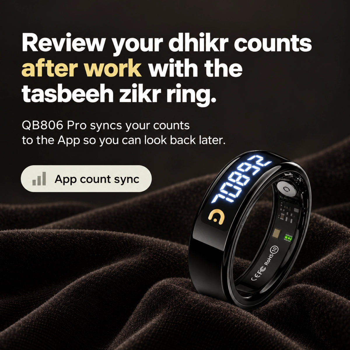خاتم التسبيح الذكي QB806 Pro - تتبع الصحة، عداد أذكار وتنبيه بمواعيد الصلاة