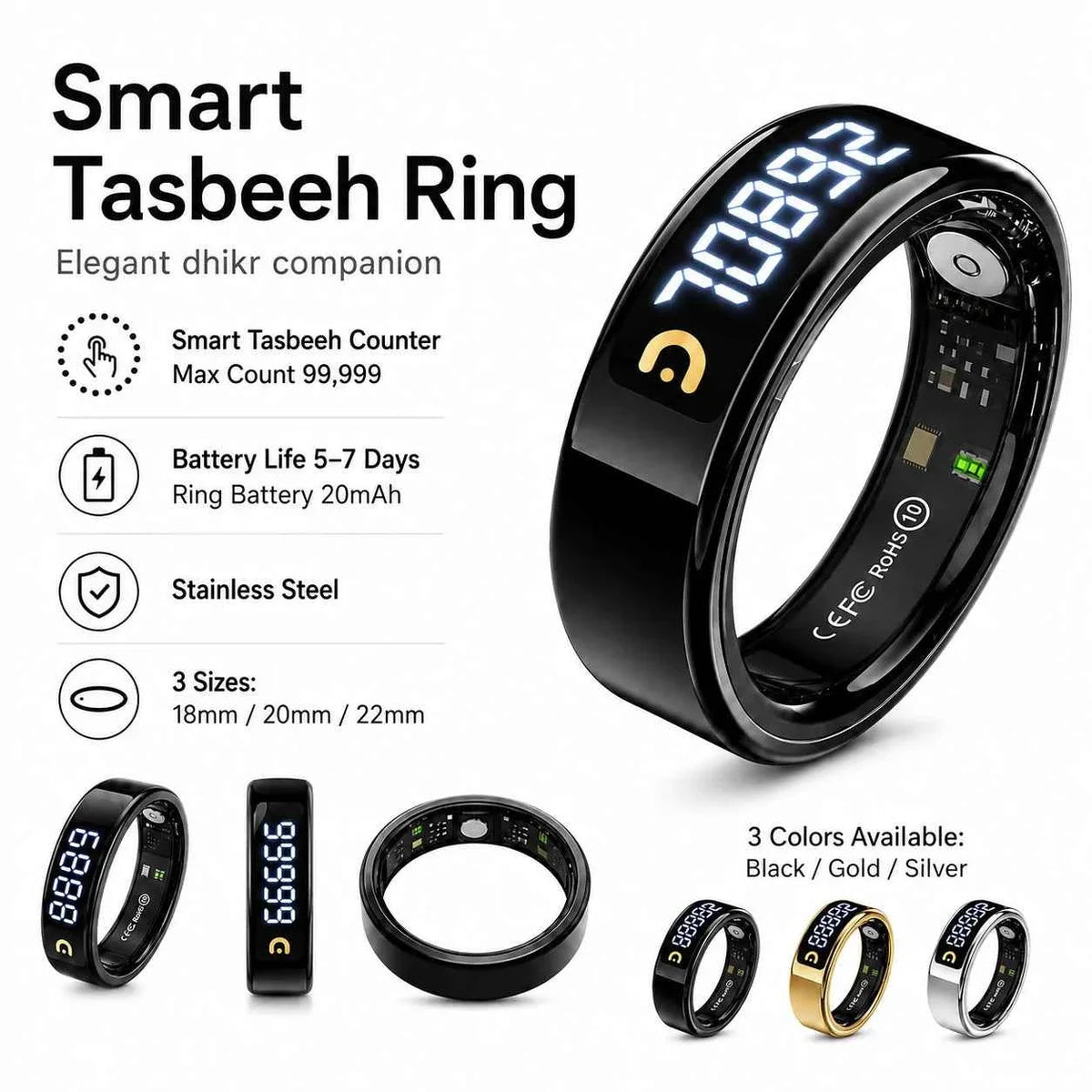 tasbeeh QB806 Pro Zikr Ring – Health Tracking, Dhikr Counter &amp; Prayer Reminder - Tasbeeh