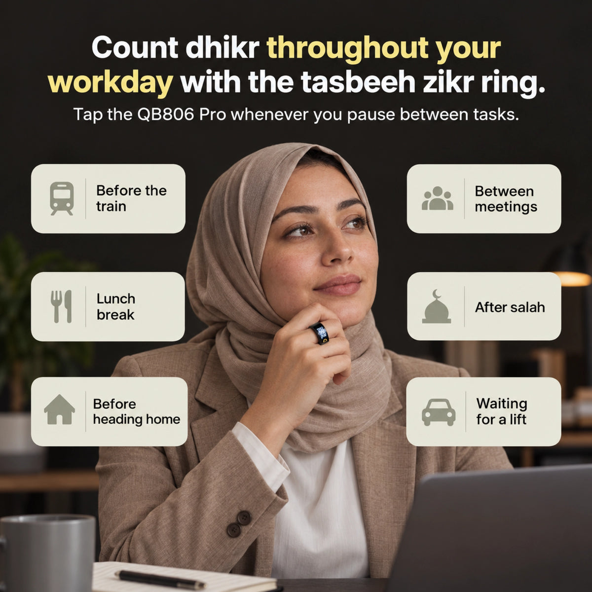 خاتم التسبيح الذكي QB806 Pro - تتبع الصحة، عداد أذكار وتنبيه بمواعيد الصلاة