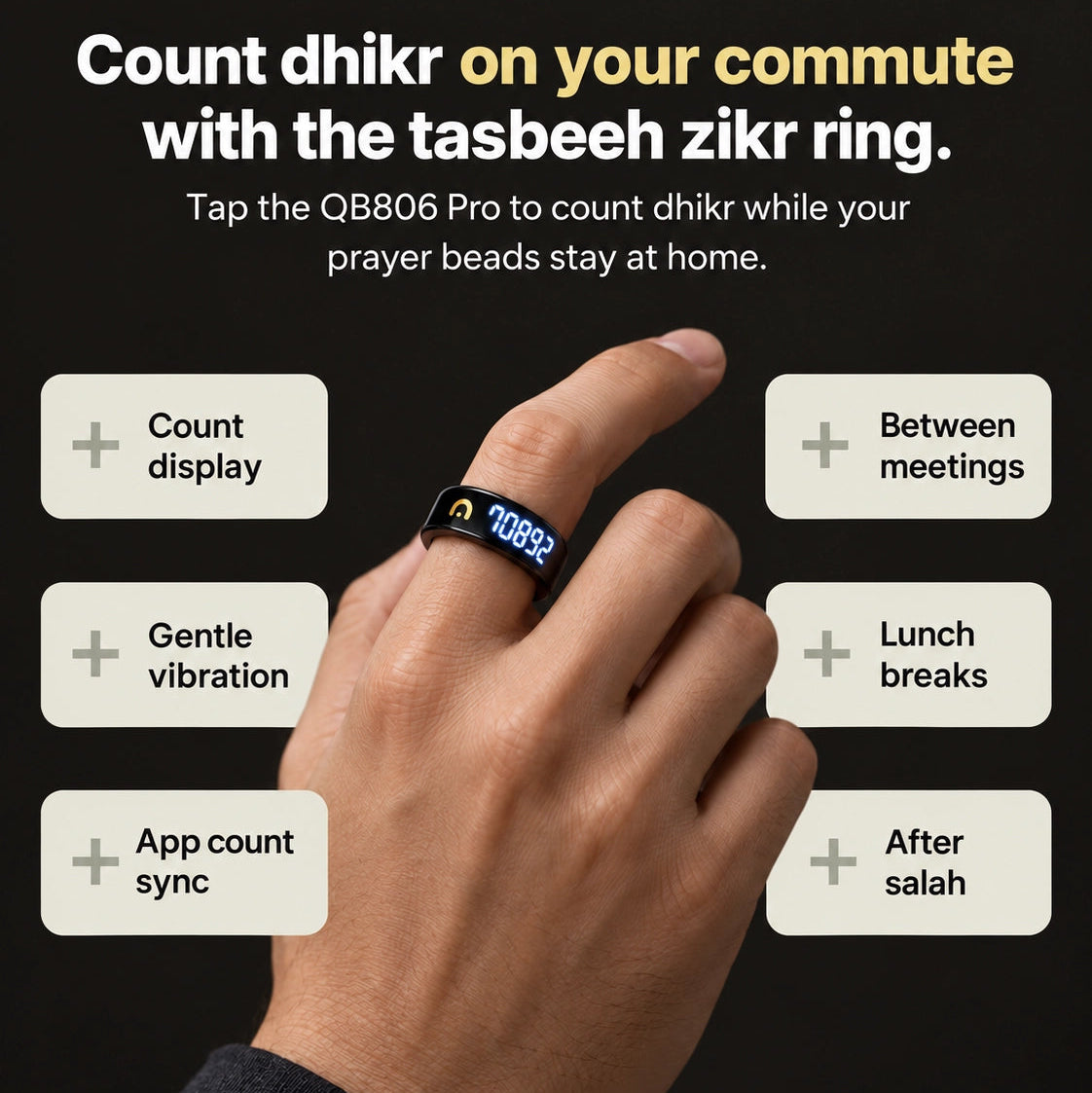 خاتم التسبيح الذكي QB806 Pro - تتبع الصحة، عداد أذكار وتنبيه بمواعيد الصلاة